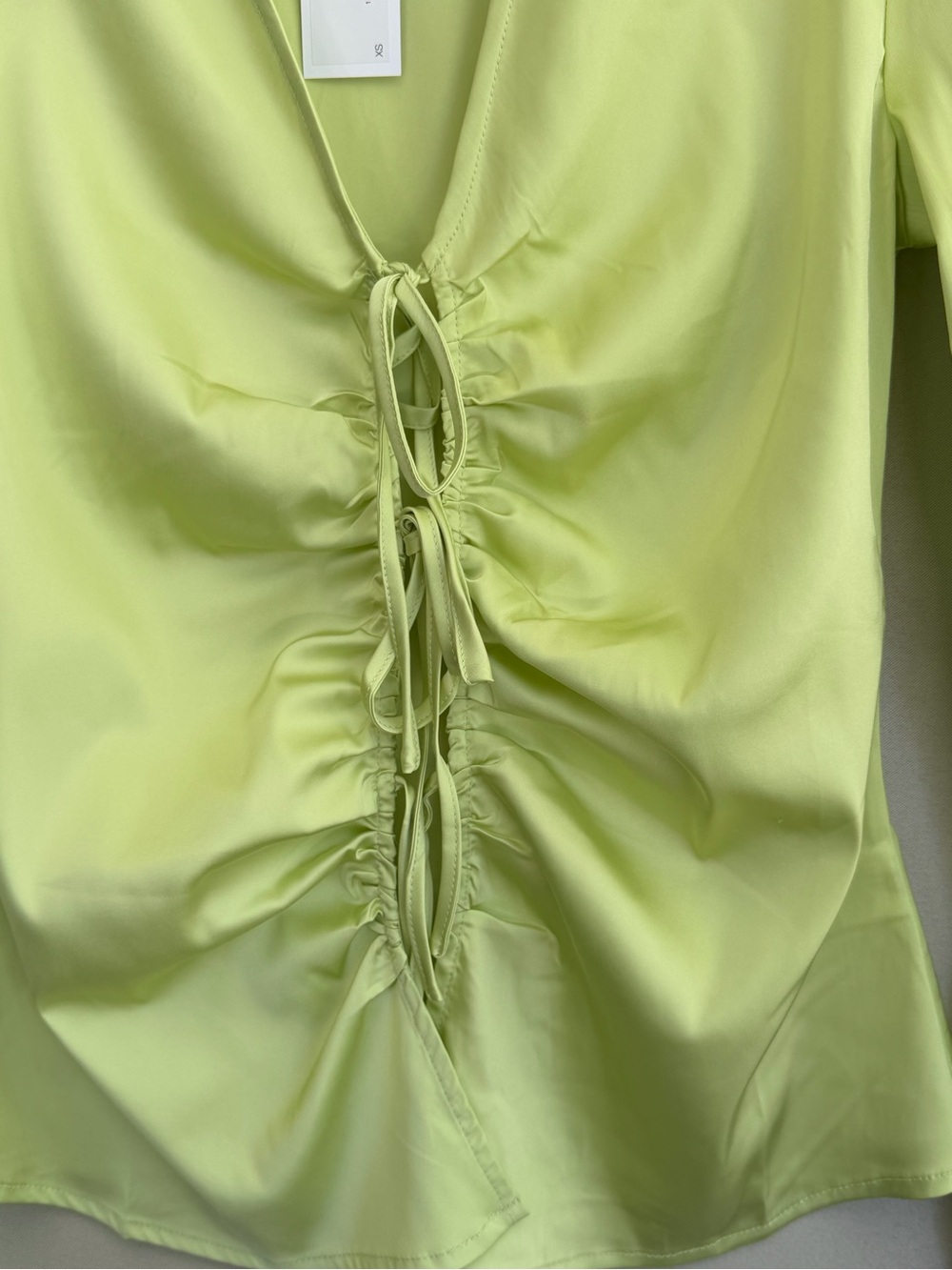 The Drop x Karen Kimball Lime Ruched Tie Front Satin Blouse Women’s XS NWT - Picture 4 of 12